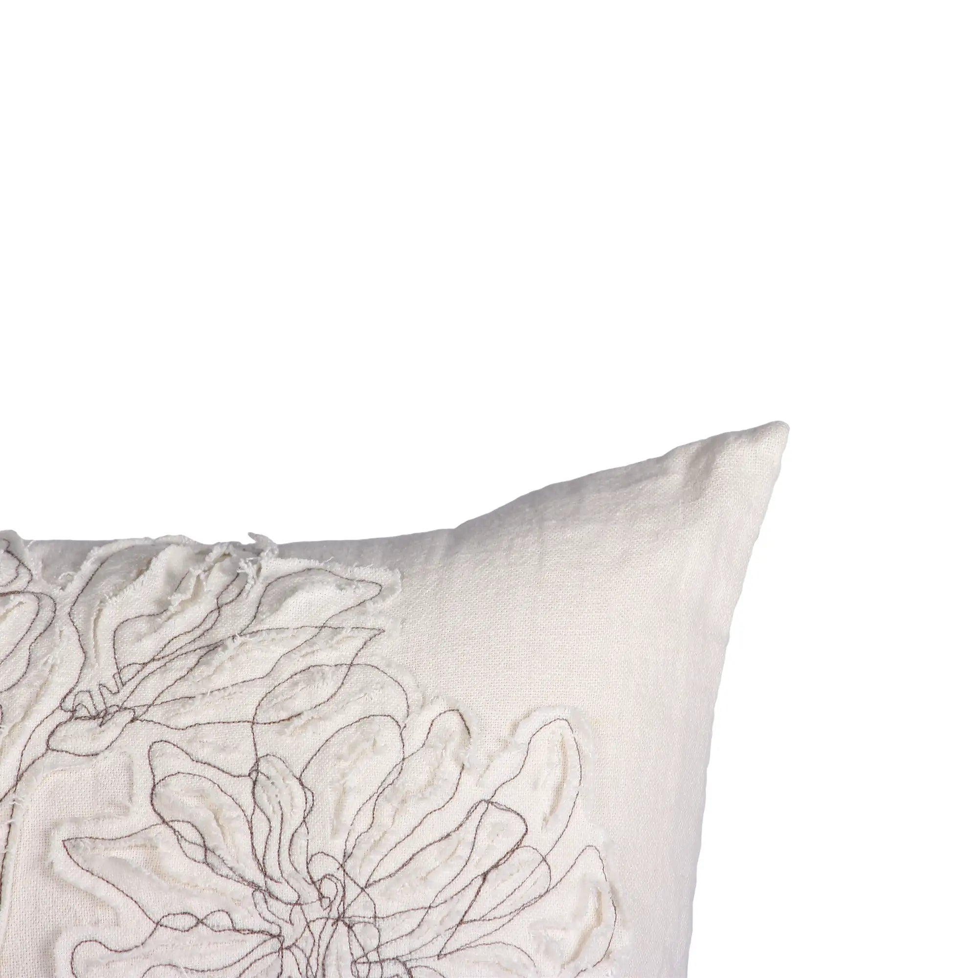 Floral Patch Cushion – Linen with White & Brown Threadwork