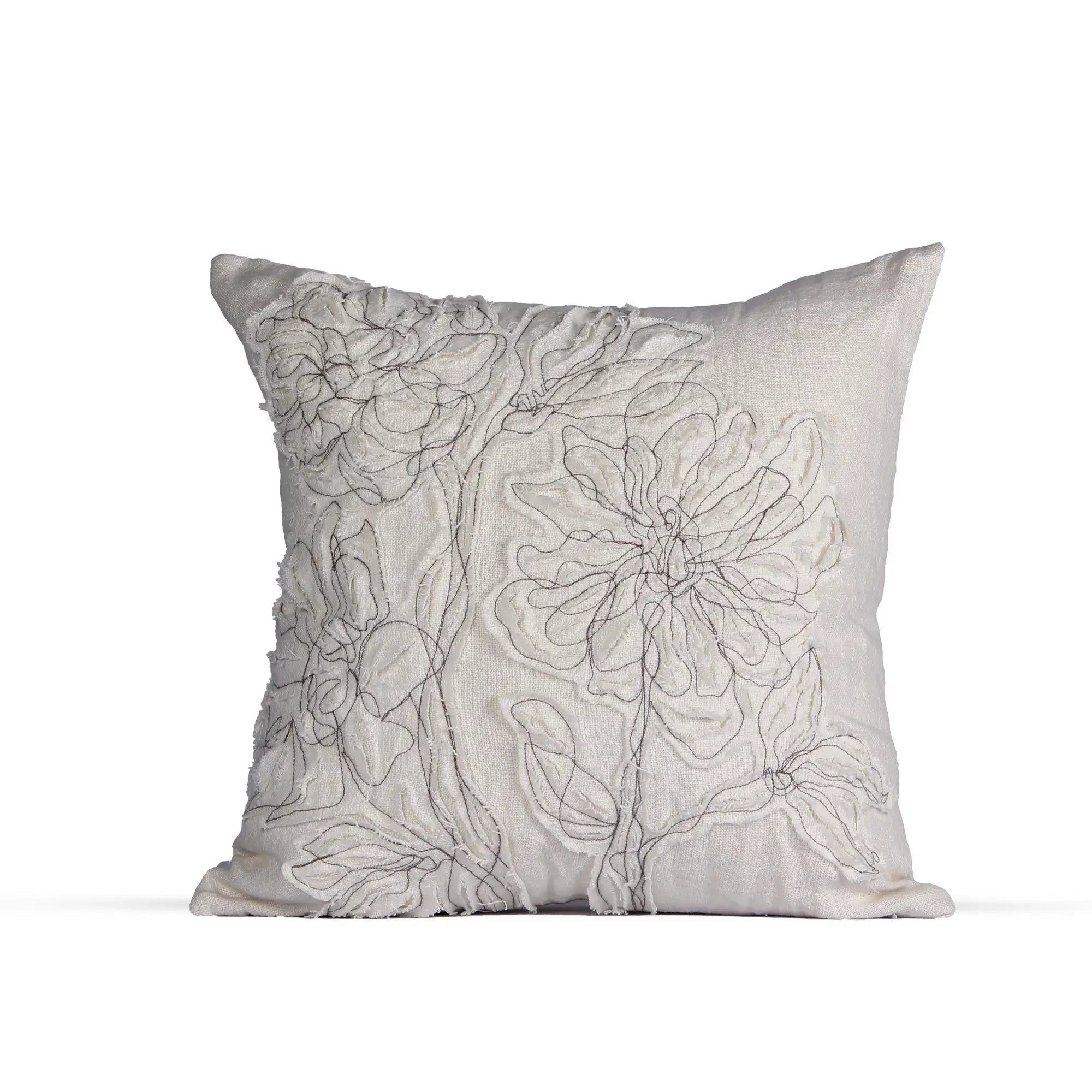 Floral Patch Cushion – Linen with White & Brown Threadwork